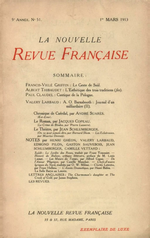 La Nouvelle Revue Française N' 51 (Mars 1913) -  Collectifs - Editions Gallimard - Revues NRF