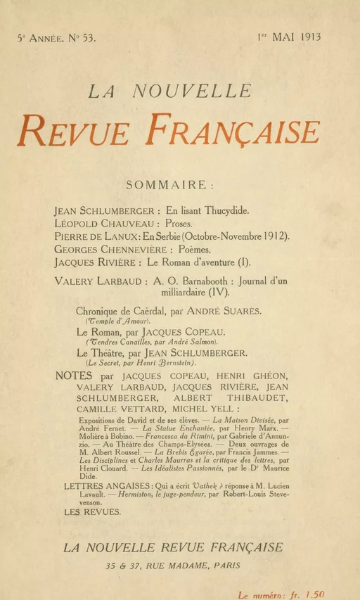 La Nouvelle Revue Française N' 53 (Mai 1913) -  Collectifs - Editions Gallimard - Revues NRF