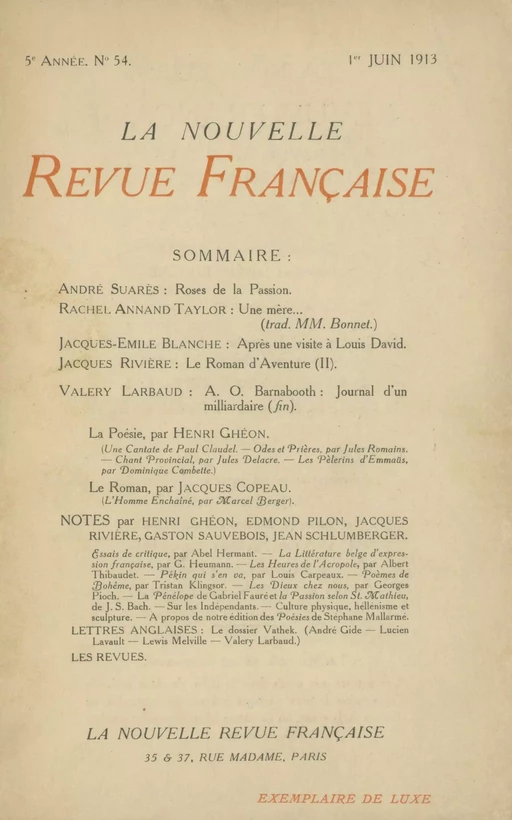 La Nouvelle Revue Française N' 54 (Juin 1913) -  Collectifs - Editions Gallimard - Revues NRF