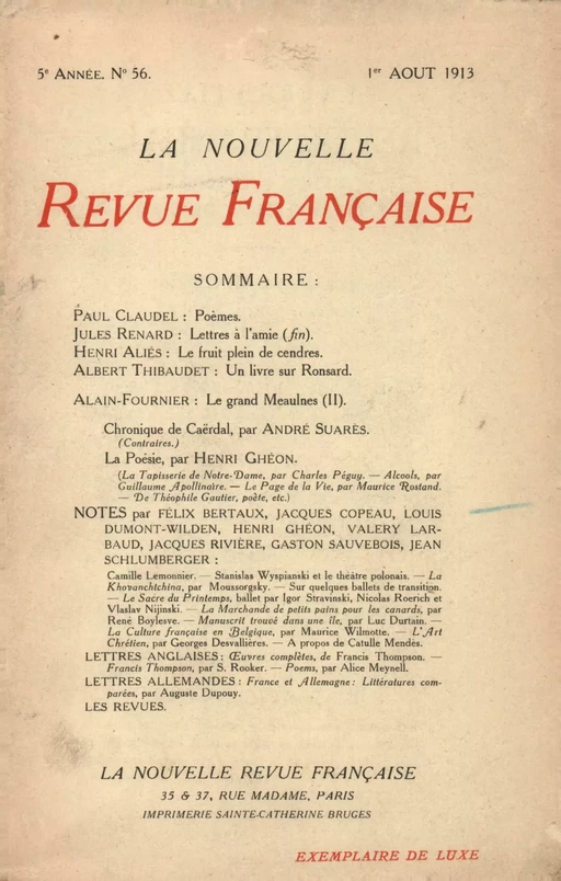 La Nouvelle Revue Française N' 56 (Aoűt 1913) -  Collectifs - Editions Gallimard - Revues NRF