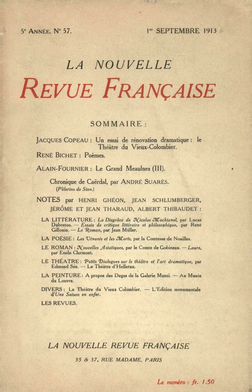 La Nouvelle Revue Française N' 57 (Septembre 1913) - André Gide - Editions Gallimard - Revues NRF