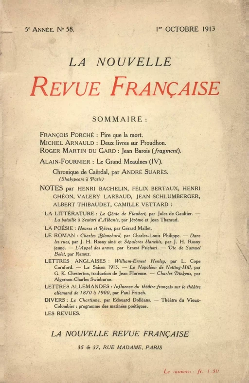 La Nouvelle Revue Française N' 58 (Octobre 1913) -  Collectifs - Editions Gallimard - Revues NRF