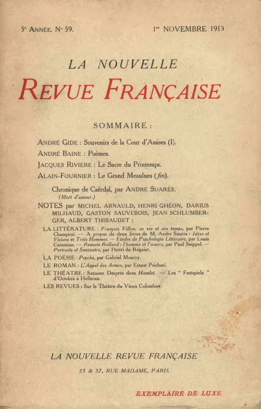 La Nouvelle Revue Française N' 59 (Novembre 1913) - André Gide - Editions Gallimard - Revues NRF