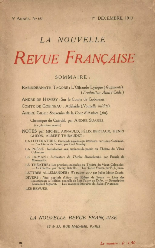 La Nouvelle Revue Française N' 60 (Décembre 1913) -  Collectifs - Editions Gallimard - Revues NRF