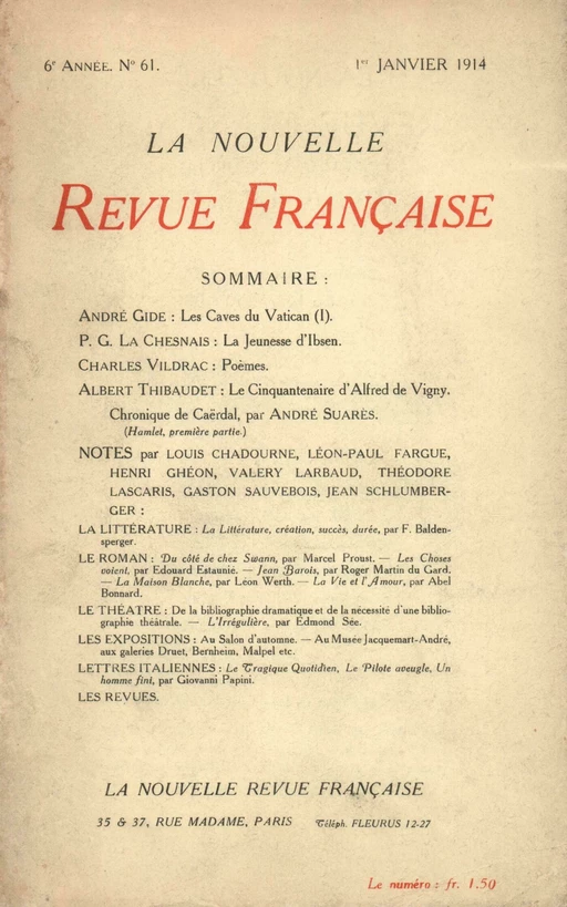 La Nouvelle Revue Française N' 61 (Janvier 1914) - André Gide - Editions Gallimard - Revues NRF