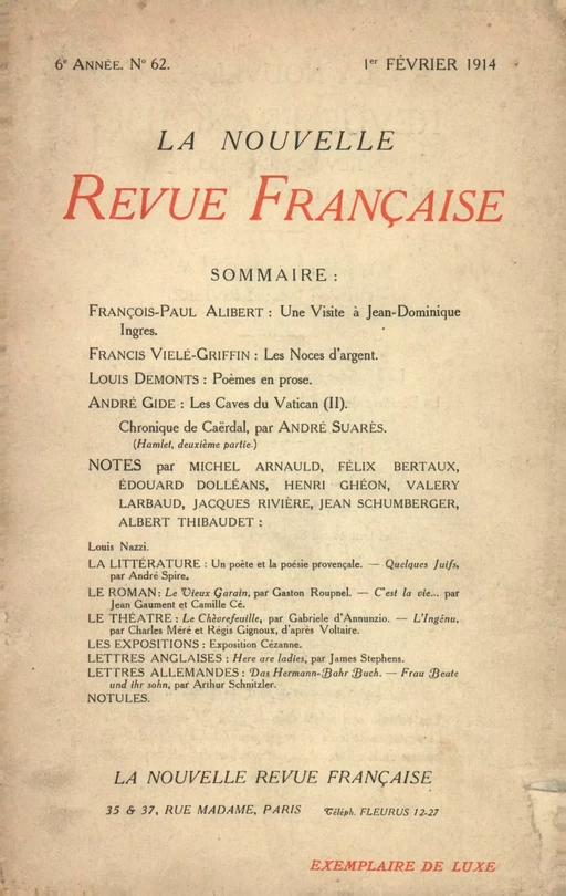 La Nouvelle Revue Française N' 62 (Février 1914) -  Collectifs - Editions Gallimard - Revues NRF