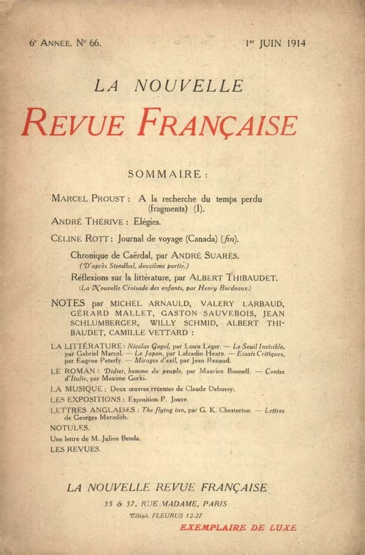 La Nouvelle Revue Française N' 66 (Juin 1914) -  Collectifs - Editions Gallimard - Revues NRF