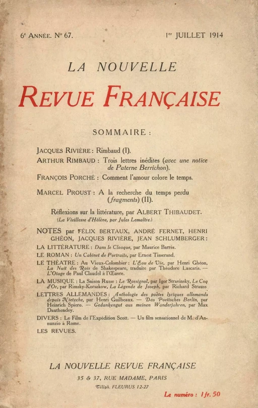 La Nouvelle Revue Française N' 67 (Juillet 1914) -  Collectifs - Editions Gallimard - Revues NRF