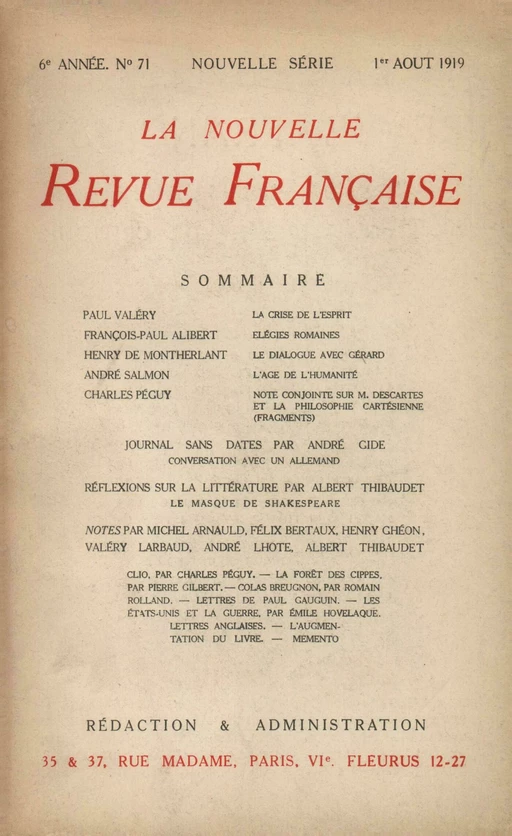 La Nouvelle Revue Française N' 71 (Aoűt 1919) - André Gide - Editions Gallimard - Revues NRF