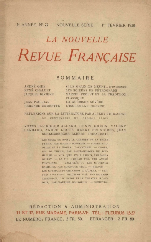 La Nouvelle Revue Française N' 77 (Février 1920) - André Gide - Editions Gallimard - Revues NRF