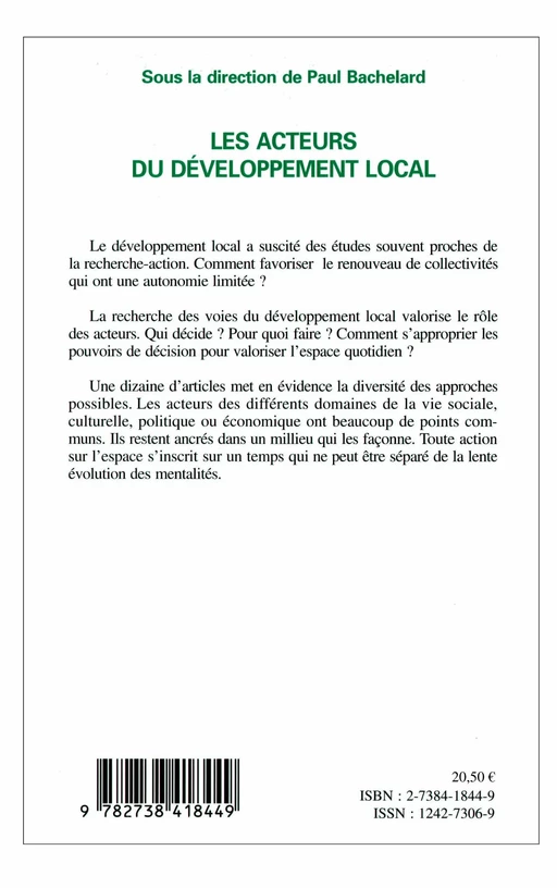 Les acteurs du développement local - Paul Bachelard - Editions L'Harmattan