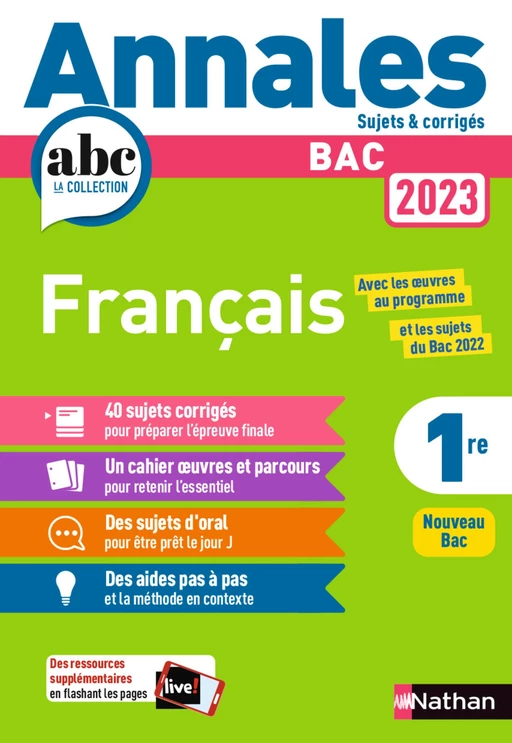 Annales ABC du BAC 2023 - Français 1re - Sujets et corrigés - Enseignement commun première - Epreuve finale Bac 2023 - EPUB - Anne Cassou-Noguès, Delphine Fradet, Séléna Hébert, Florence Renner - Nathan